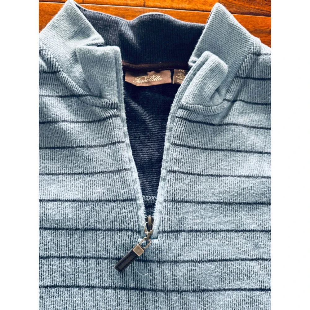 Tasso Elba Quarter Zip Pullover Mens 2XL Blue Excellent Striped Ribbed Sweater